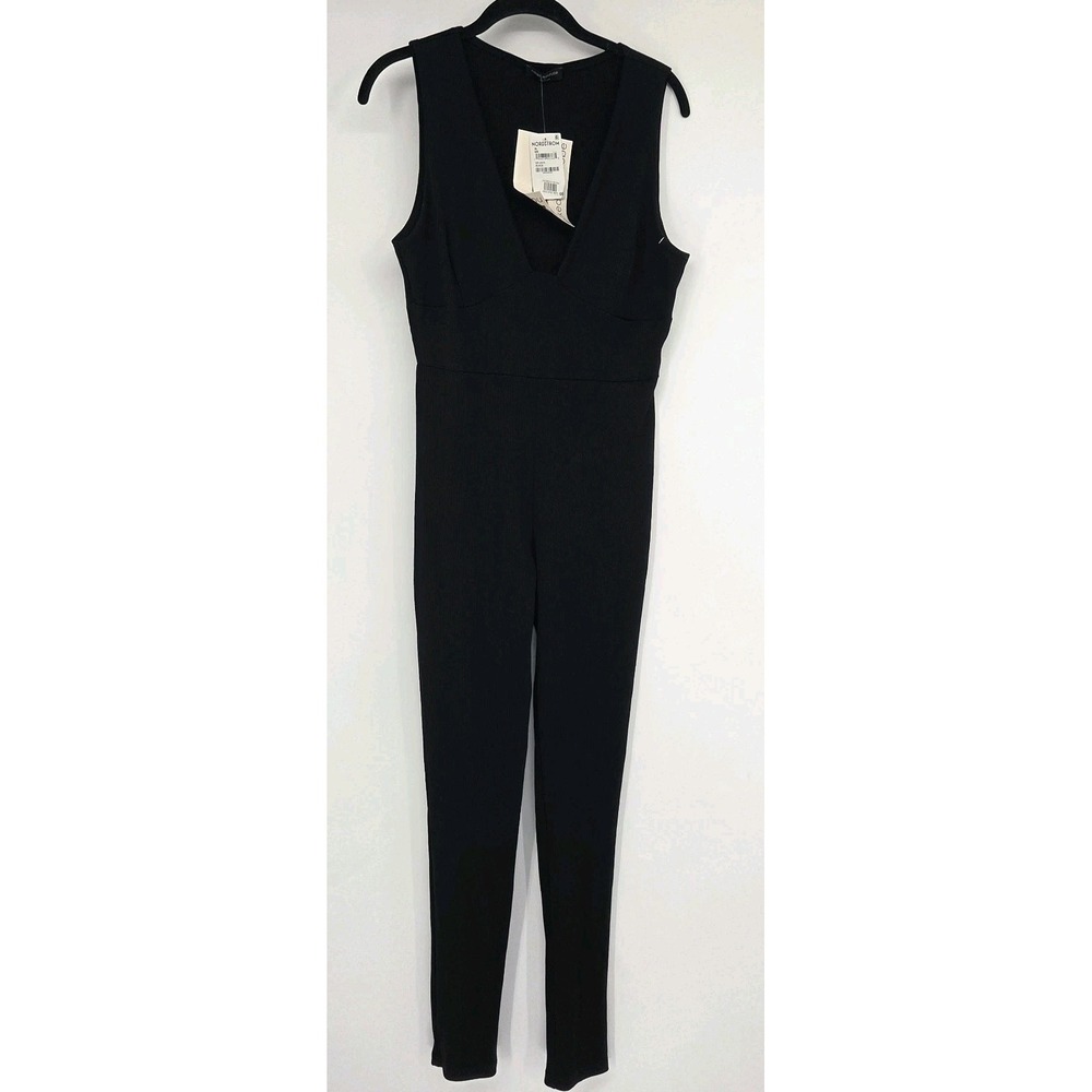 Naked Wardrobe Black Ribbed‎ Catsuit XL Black Jumpsuit V-Neck NWT